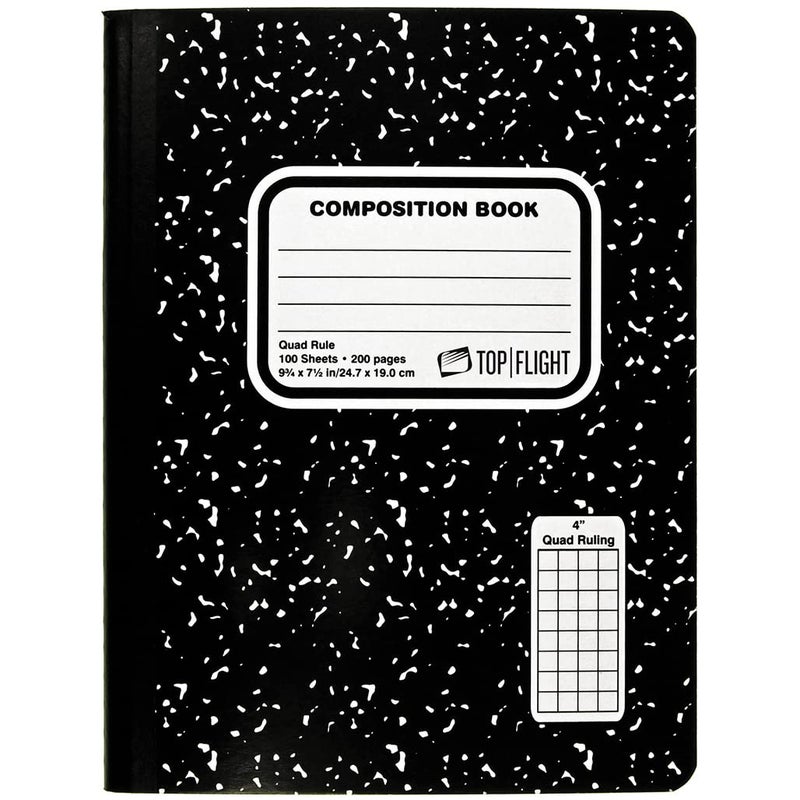 Top Flight Sewn Marble Composition Book  Black/White  Quad Rule  4 Squares per Inch  9.75 x 7.5 Inches  100 Sheets (41320) - Image 1